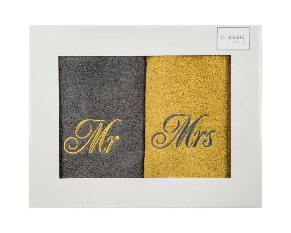 Darčekové balenie uterákov Mr & Mrs – šedá, žltá 50 x 90 cm
